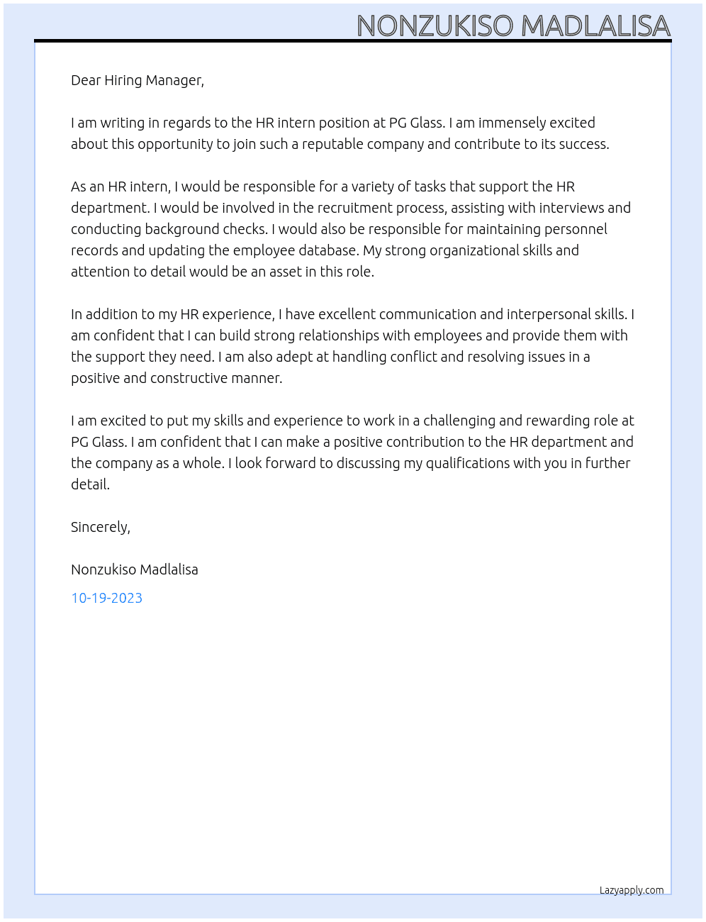 HR intern At PG Glass Cover Letter