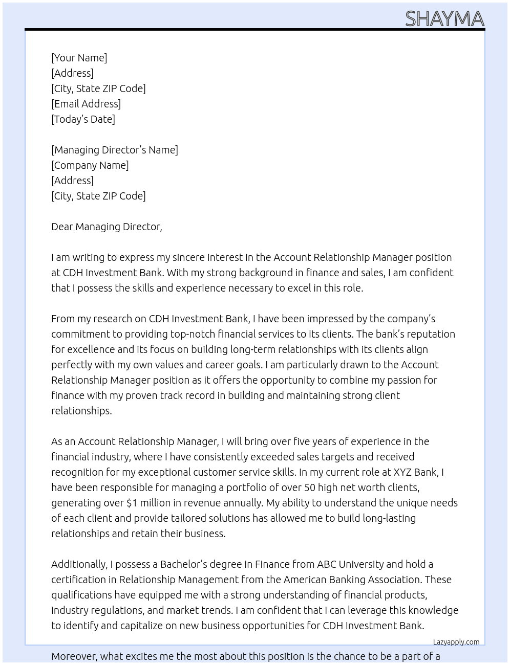 account relationship manager At CDH INVESTMENT BANK Cover Letter