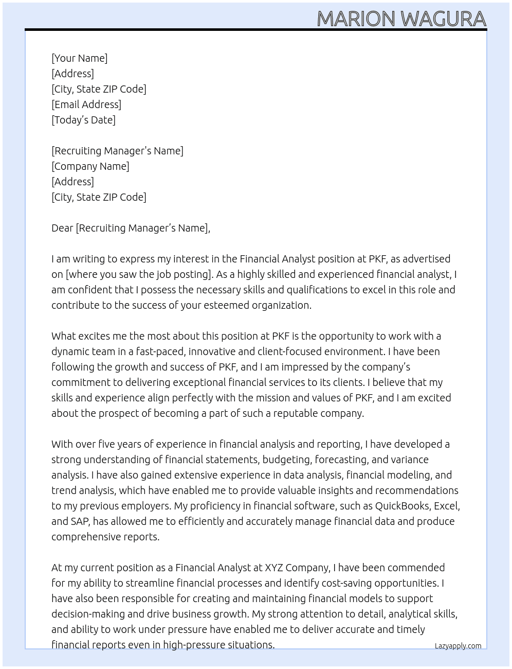 Financial Analyst At PKF Cover Letter