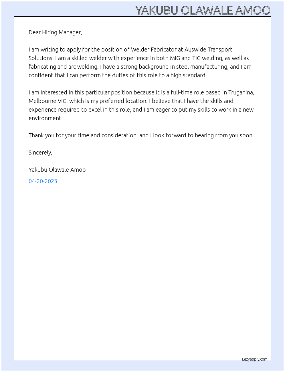 Welder Fabricator At Auswide Transport Solutions Cover Letter