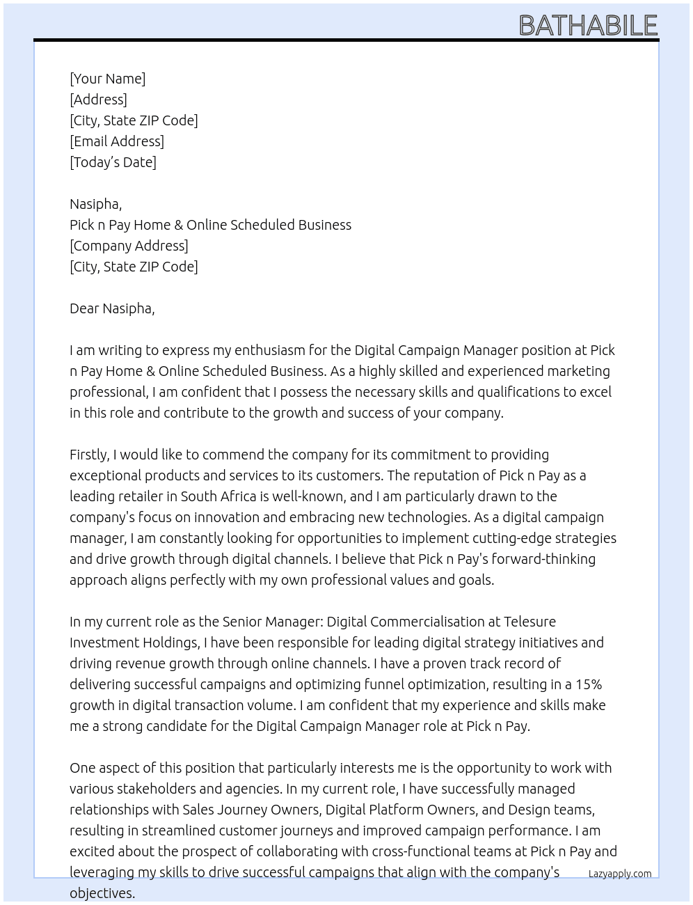 Digital Campaign Manager At Pick n Pay Home & Online Scheduled Cover Letter