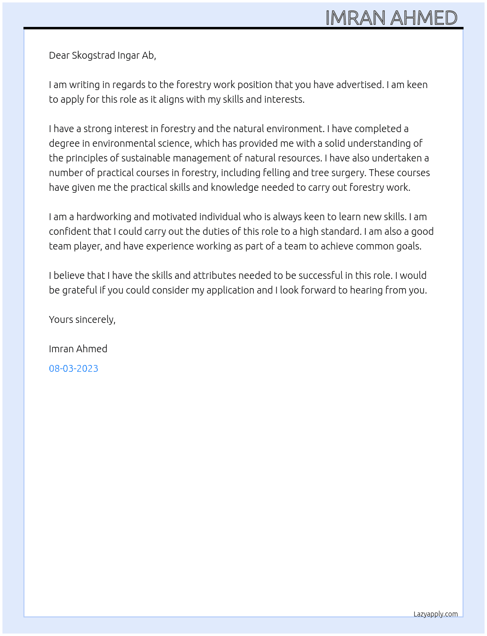 Forestry work  At Skogstrad Ingar Ab Cover Letter