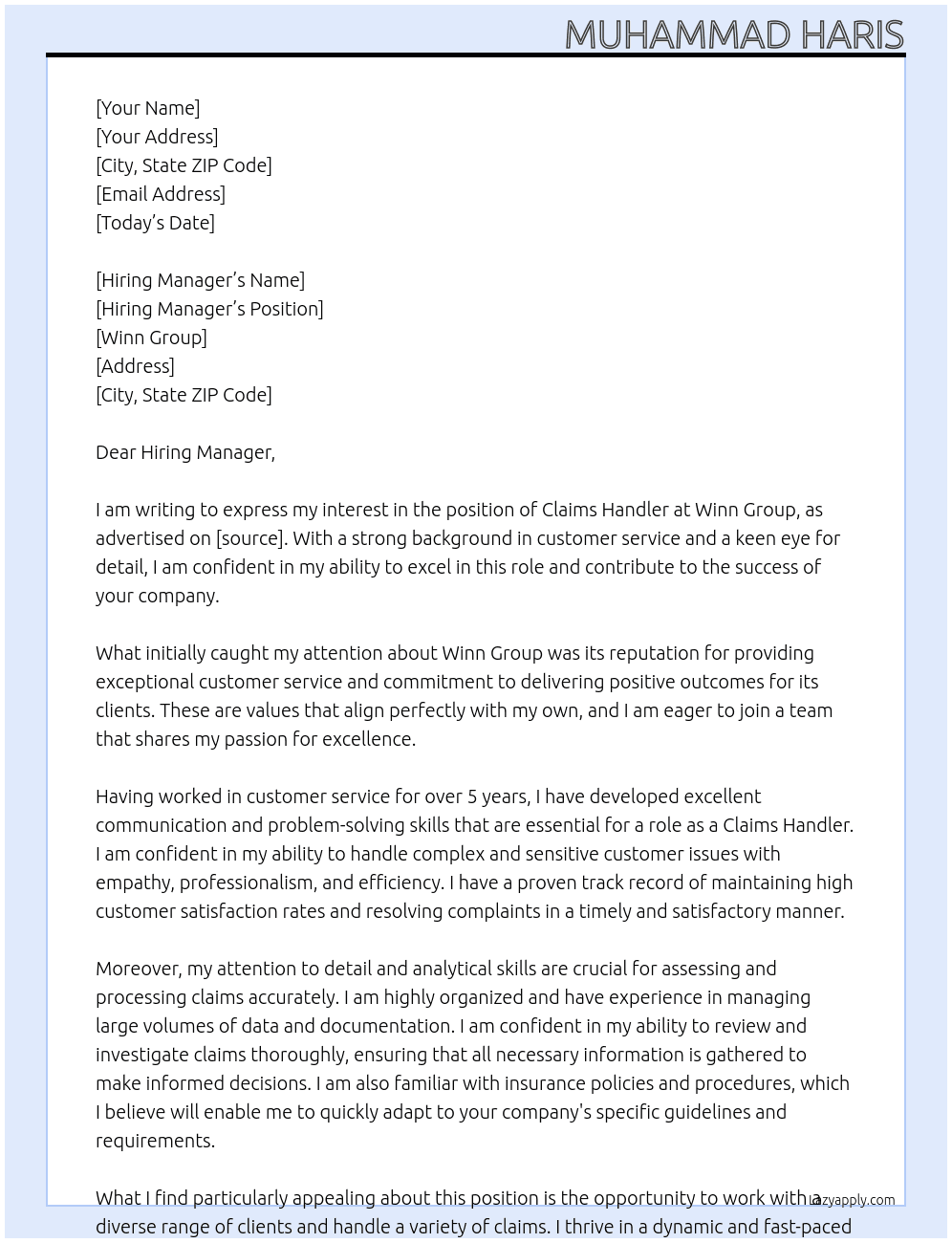 Claims Handler At Winn group Cover Letter