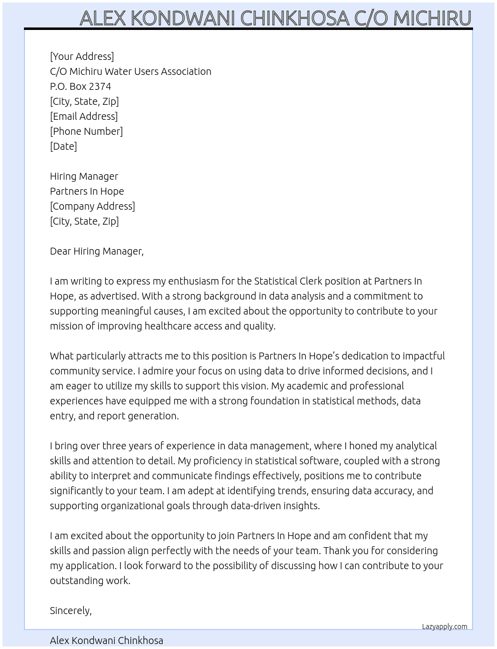 statistical clerk At Partners In Hope Cover Letter