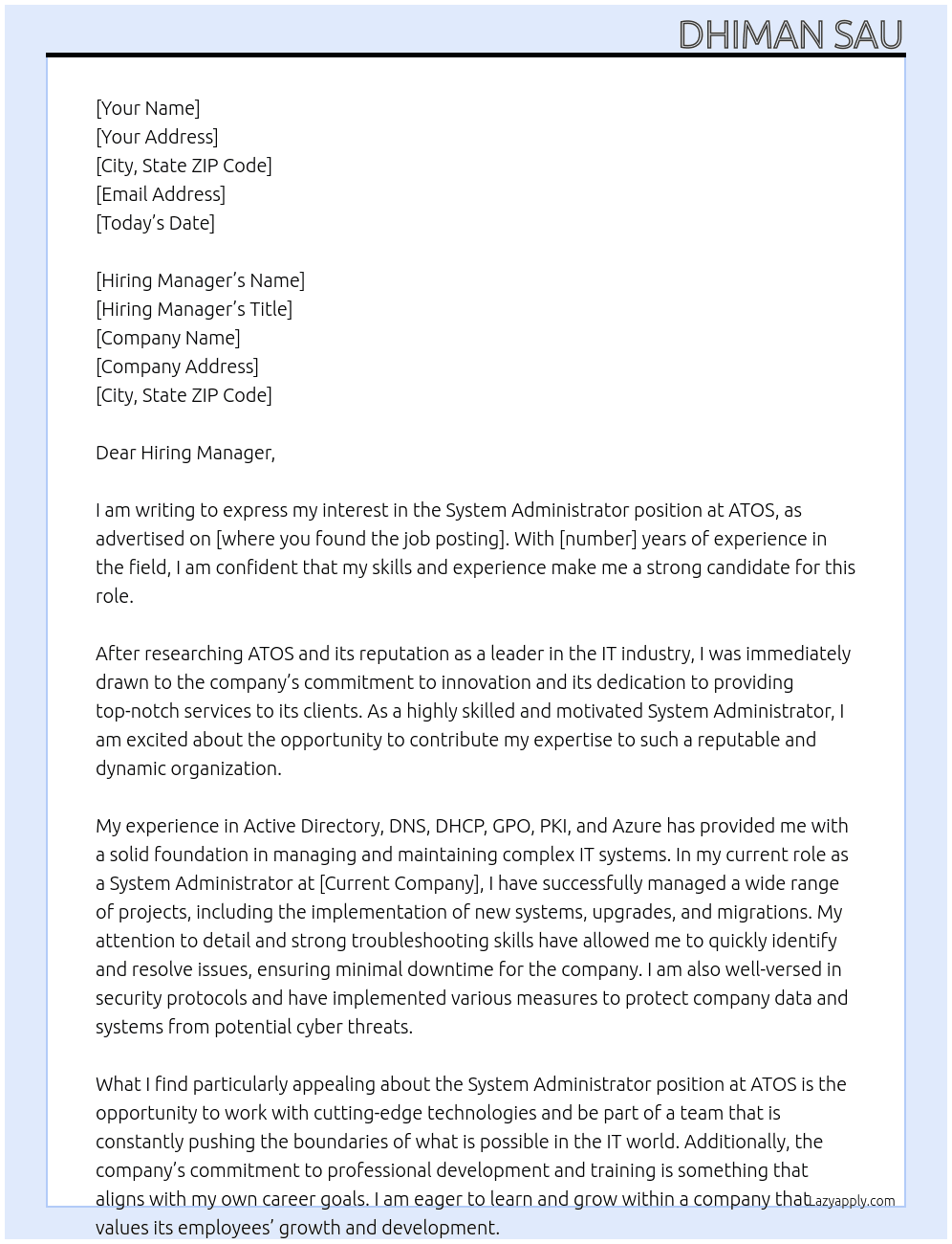 System Administrator At ATOS Cover Letter