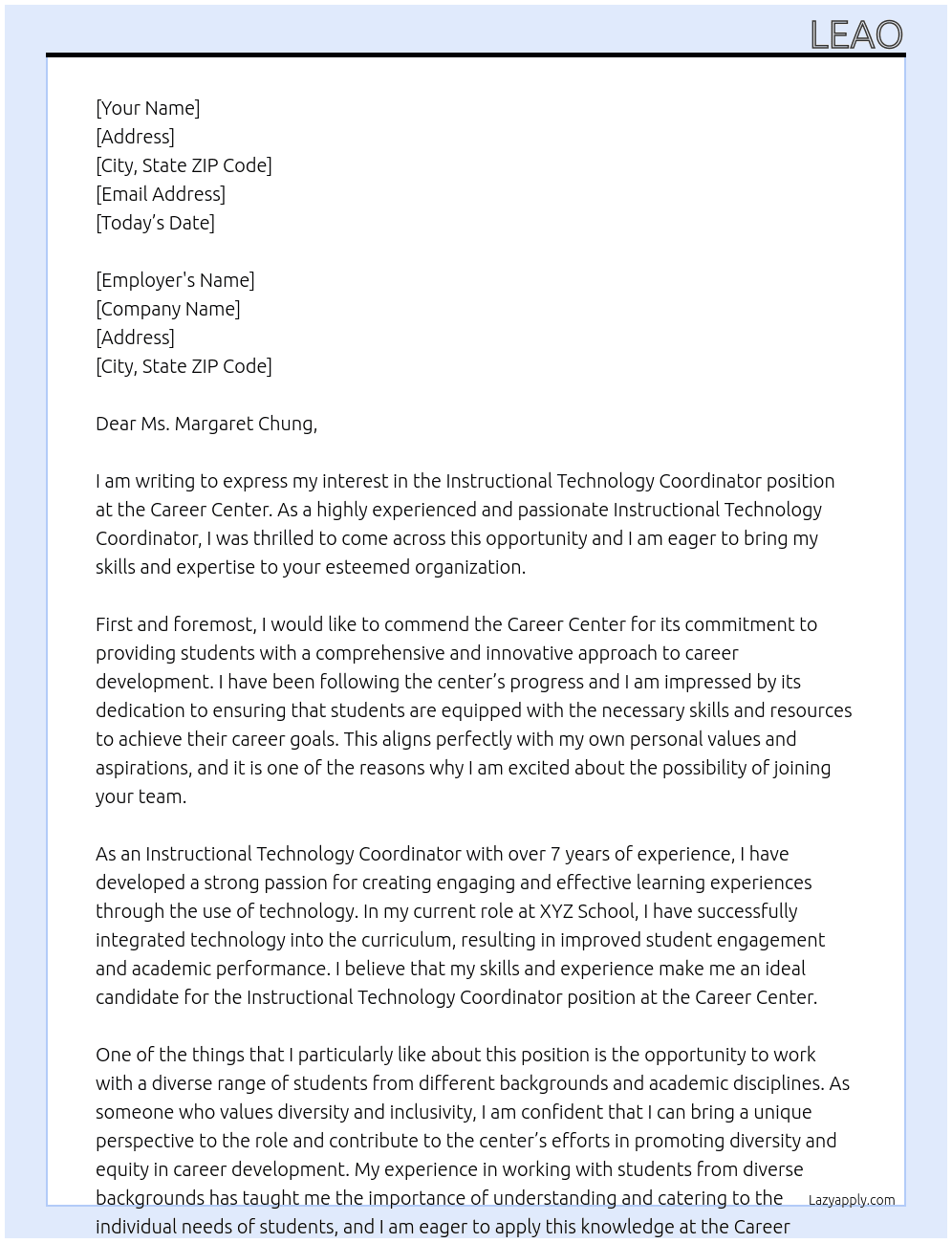 Instructional Technology Coordinator At Career Center Cover Letter