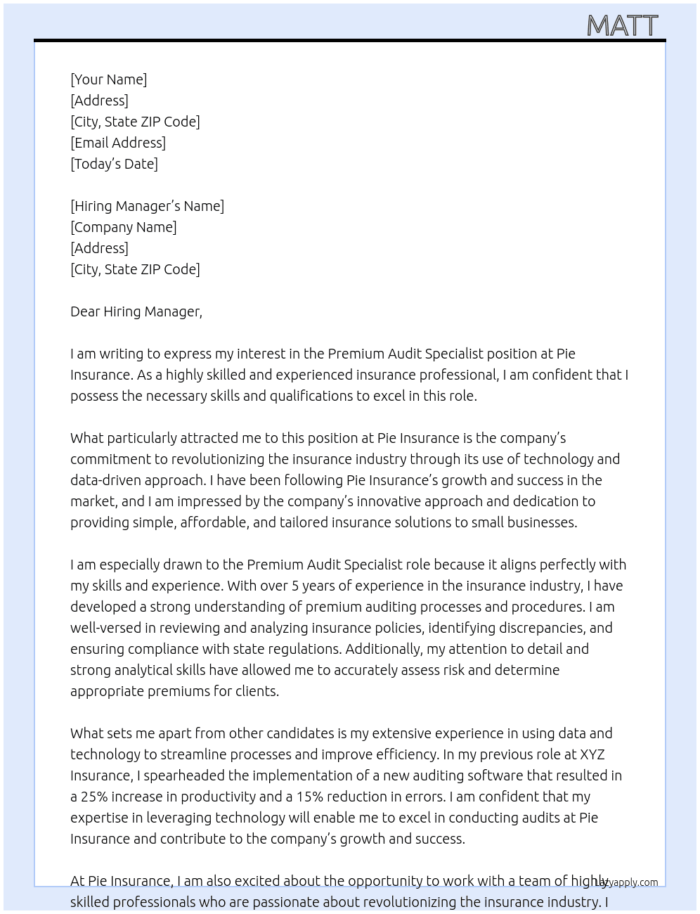 Premium Audit Specialist At Pie Insurance Cover Letter