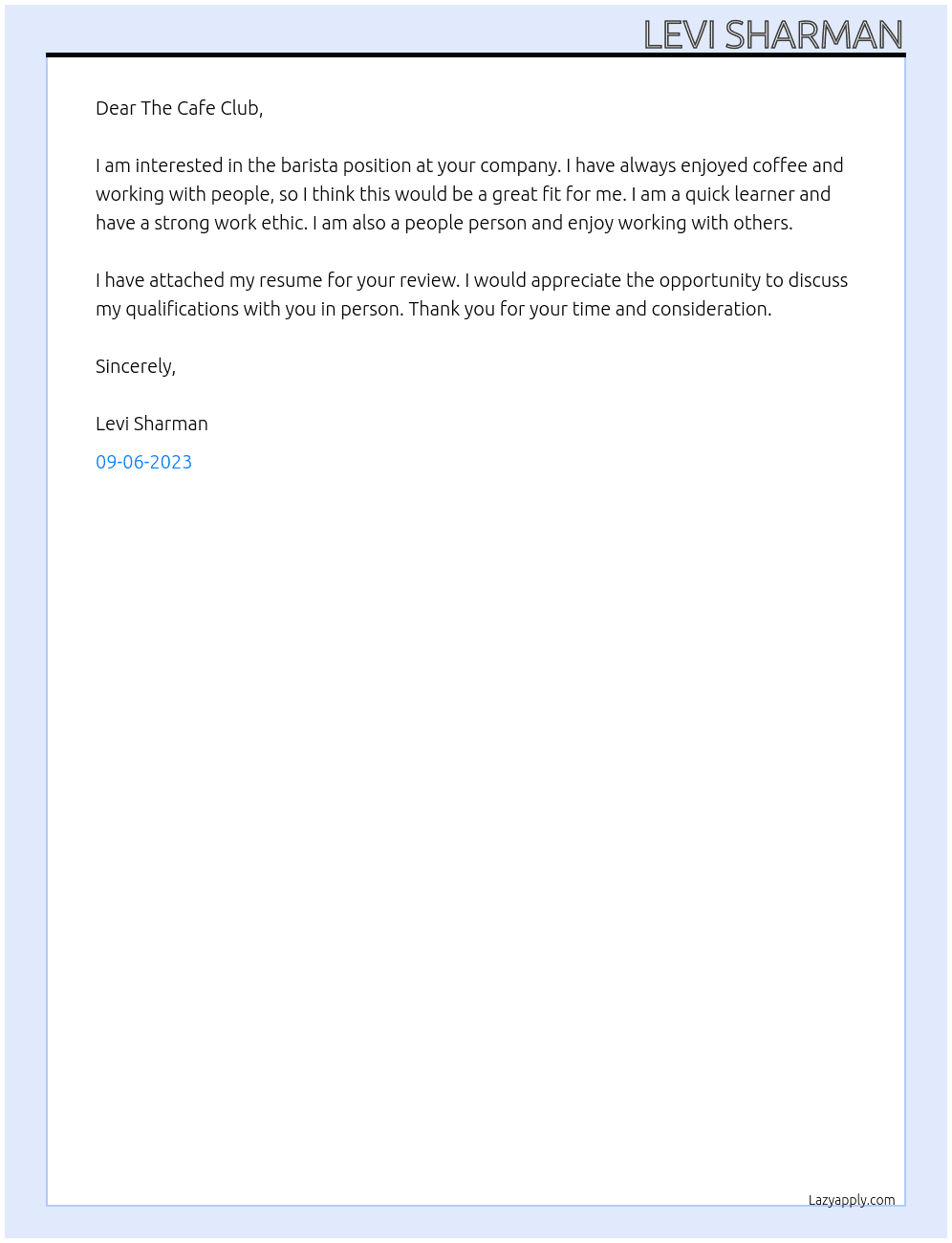 Barista At The Cafe Club Cover Letter