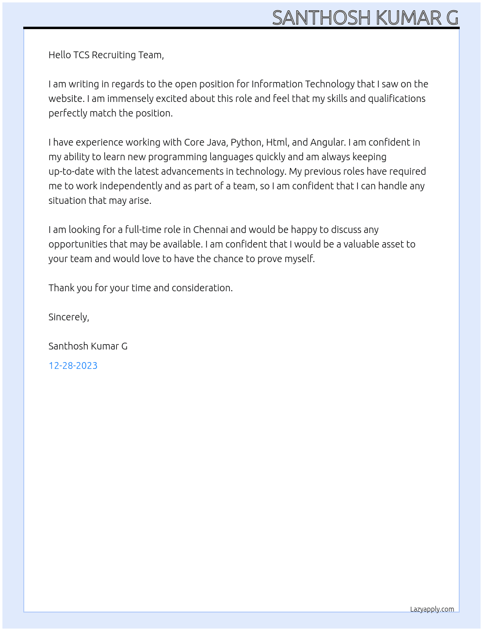 Information Technology At Tata Consultancy Service Cover Letter