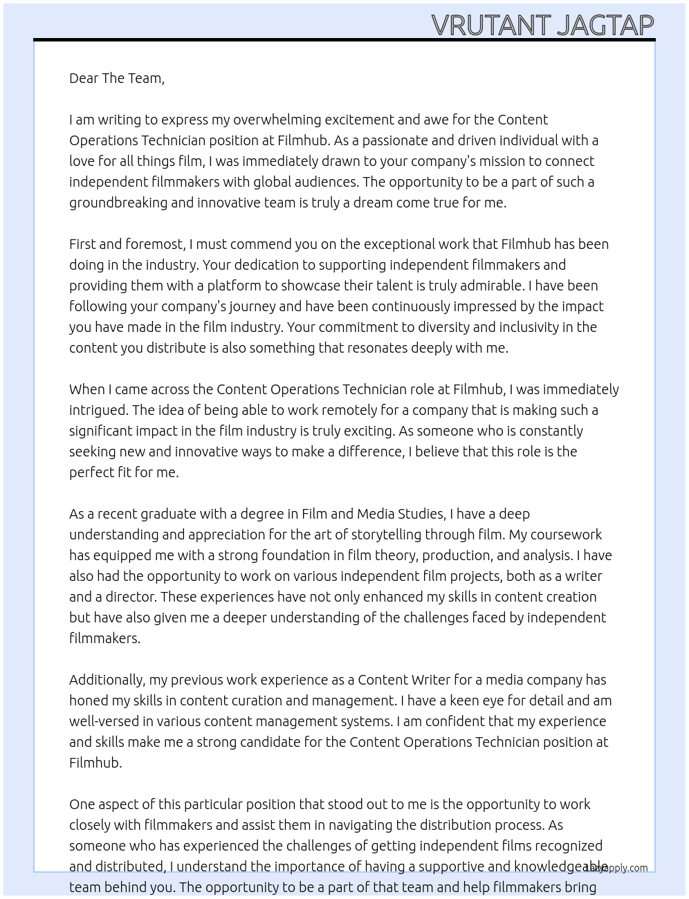 Content Operations Technician At Filmhub Cover Letter