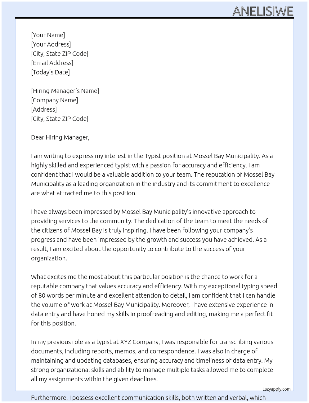 typist At Mossel Bay Municipality Cover Letter