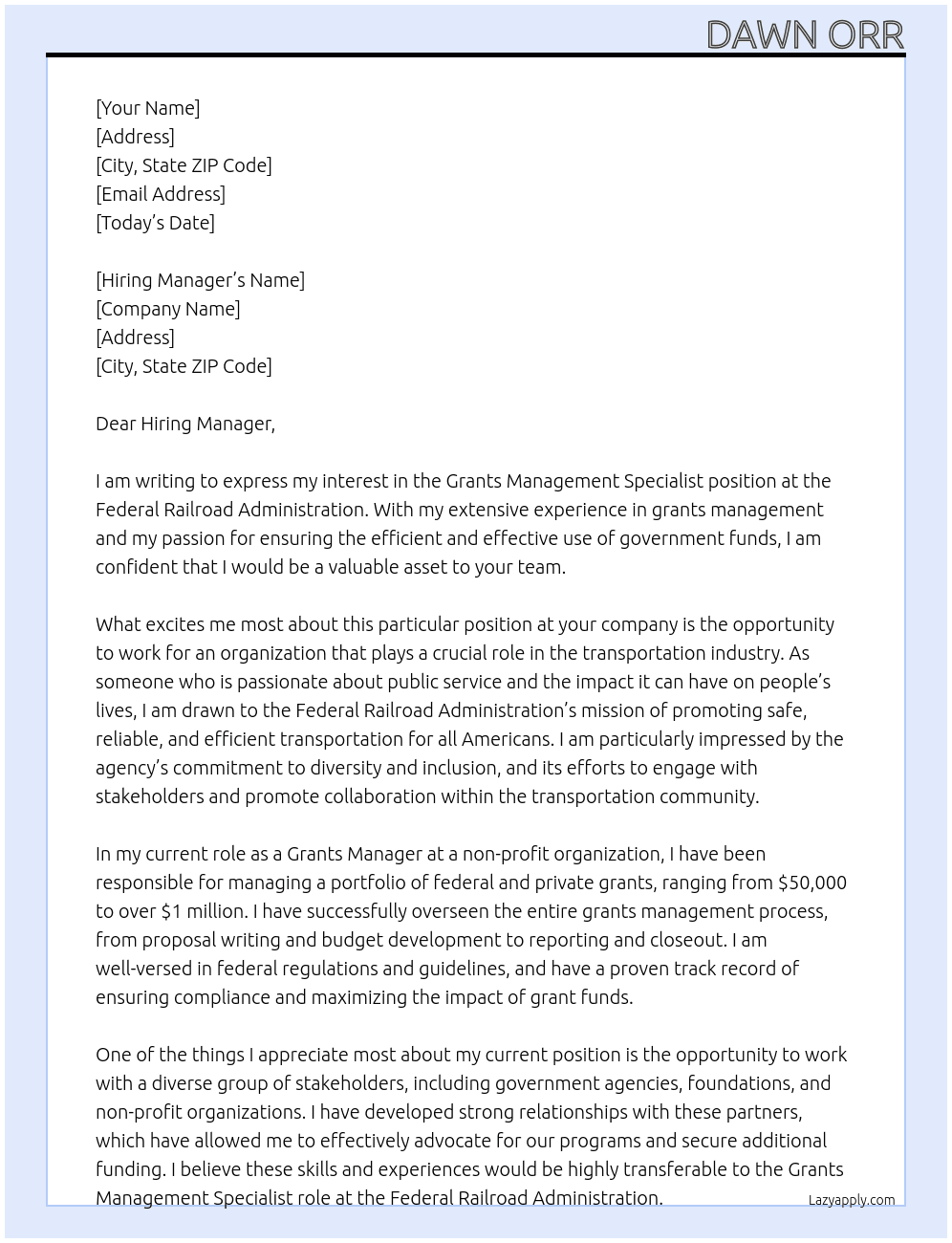Grants management specialist  At Federal Railroad Administration  Cover Letter
