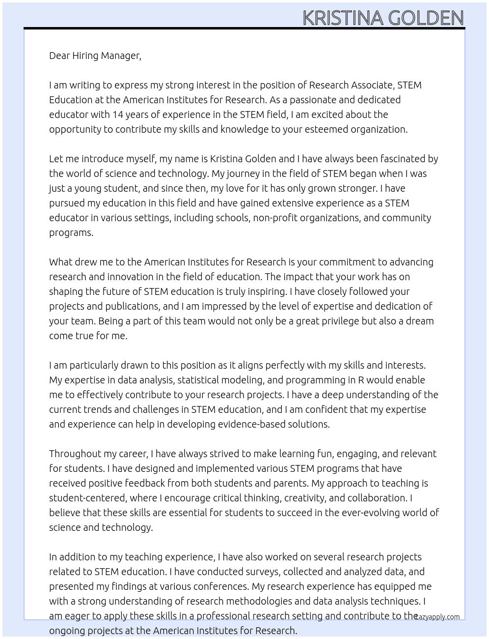 Research Associate, STEM Education At American institutes for Research Cover Letter
