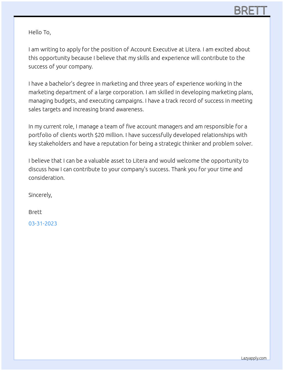 Account Executive  At Litera Cover Letter