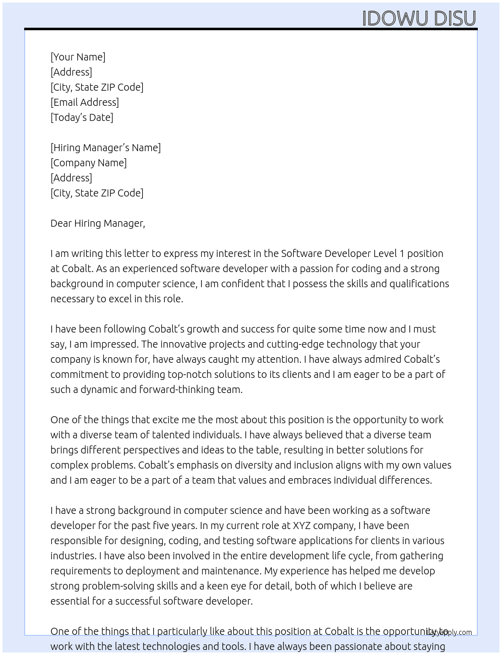 Software Developer Level 1 At Cobalt Cover Letter