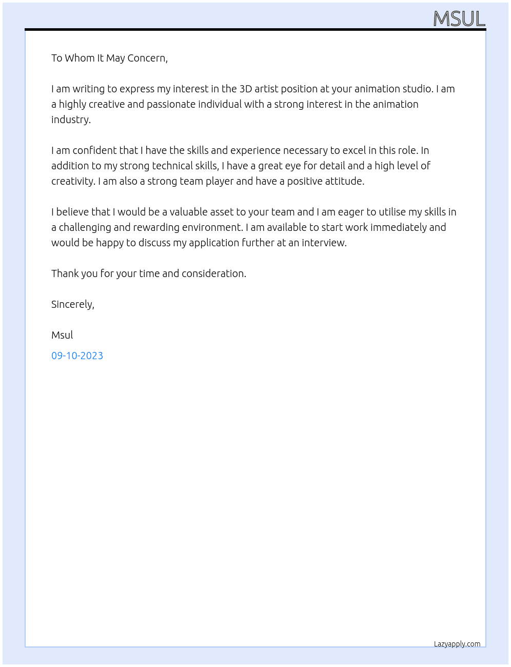 3d artist At animation studio Cover Letter
