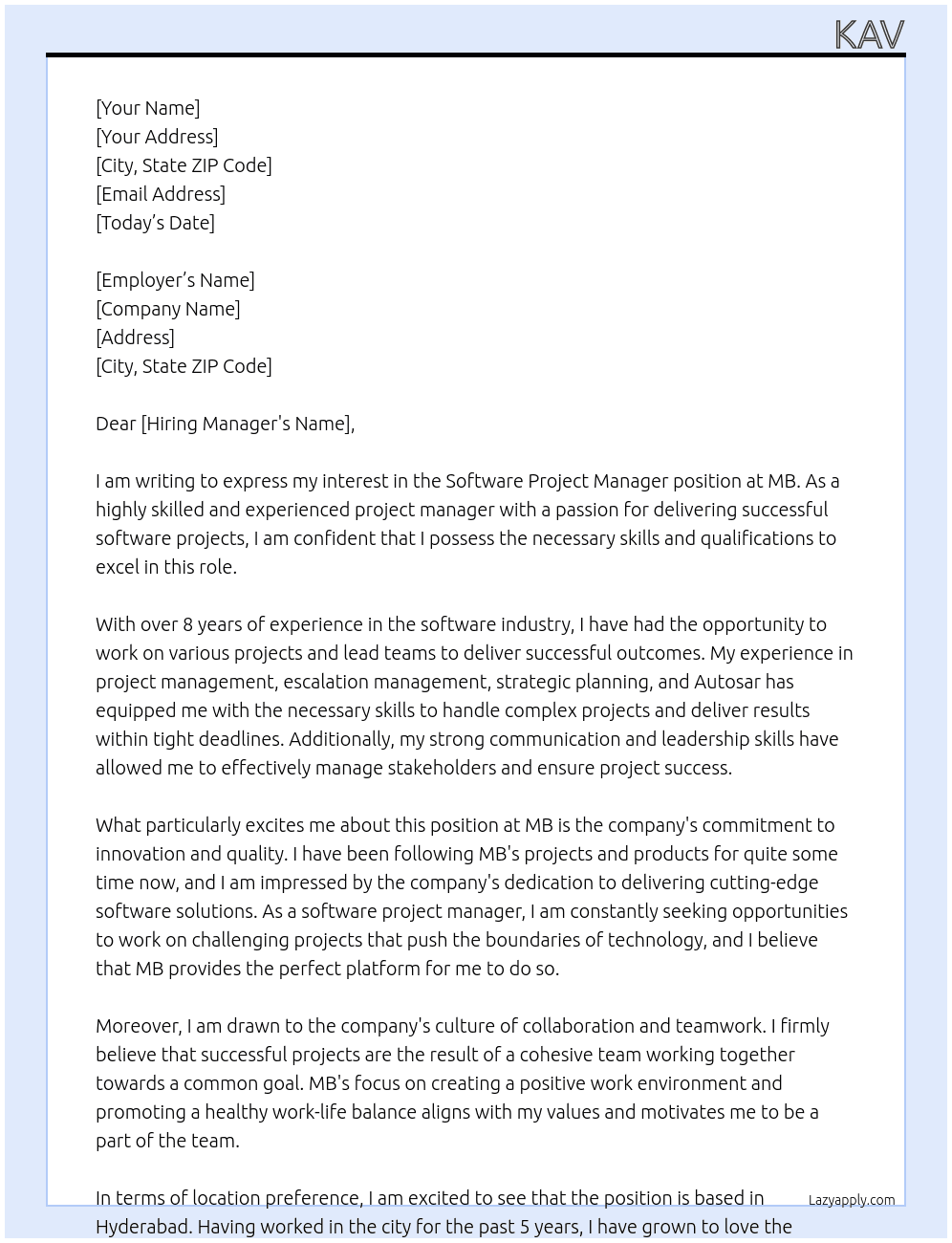 Software project manager At Mb Cover Letter