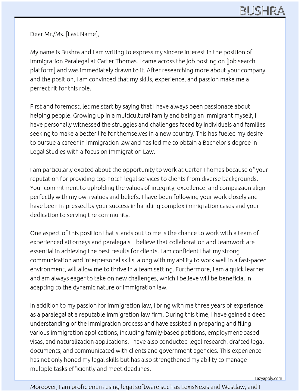 Immigration Paralegal At Carter Thomas  Cover Letter