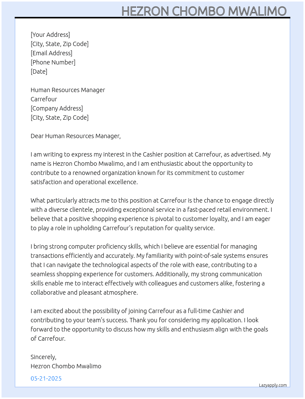 Cashier  At Carrefour  Cover Letter