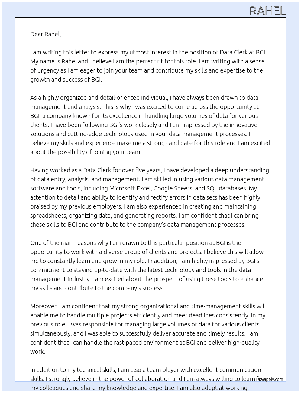 data clerk  At BGI Cover Letter