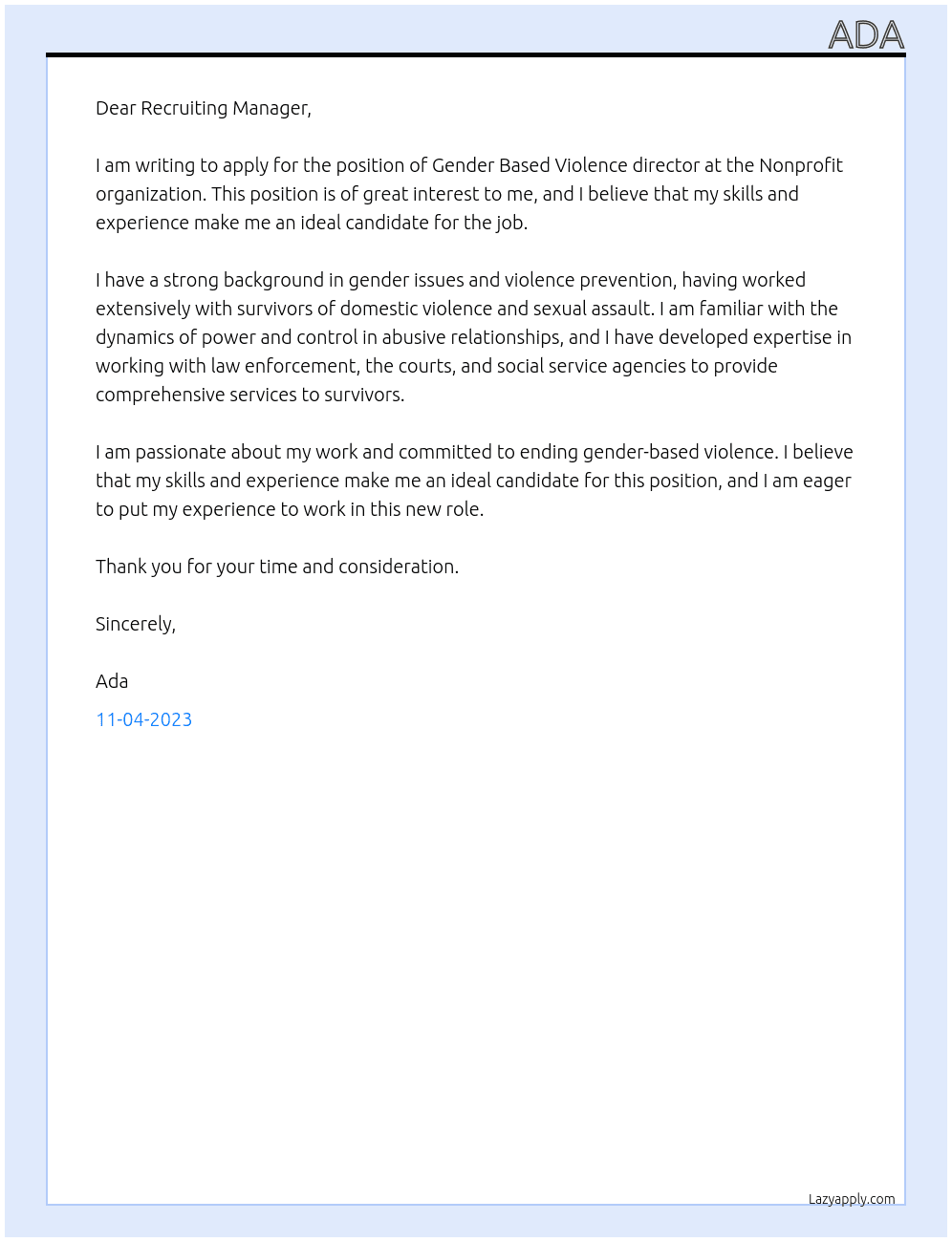 Gender Based Violence director  At Nonprofit  Cover Letter
