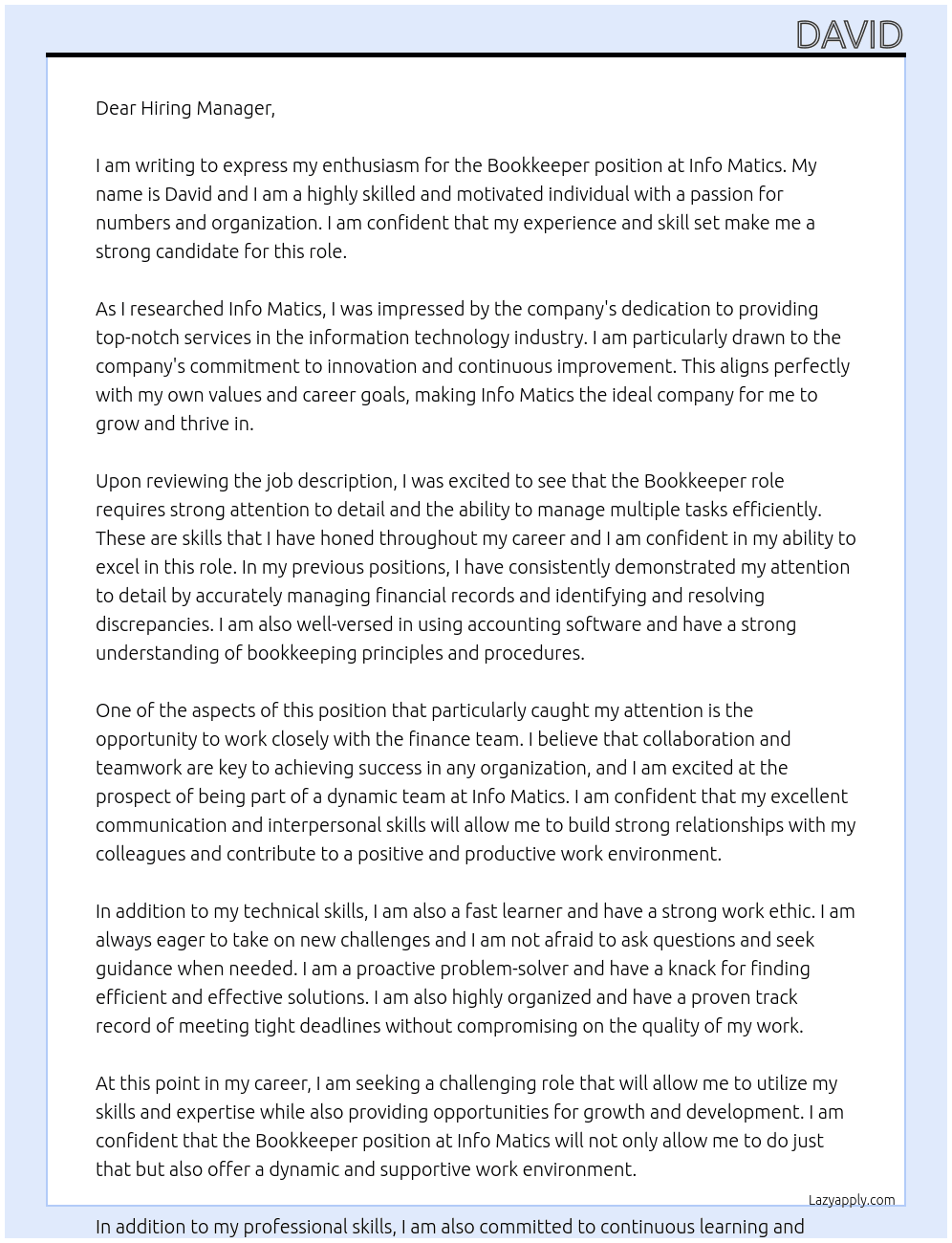 Bookkeeper At Info Matics Cover Letter