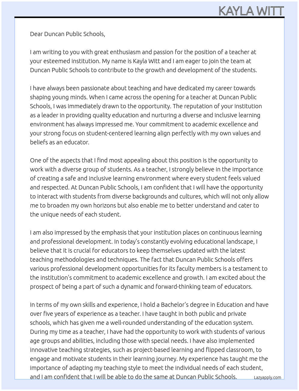 teacher At Duncan Public Schools Cover Letter