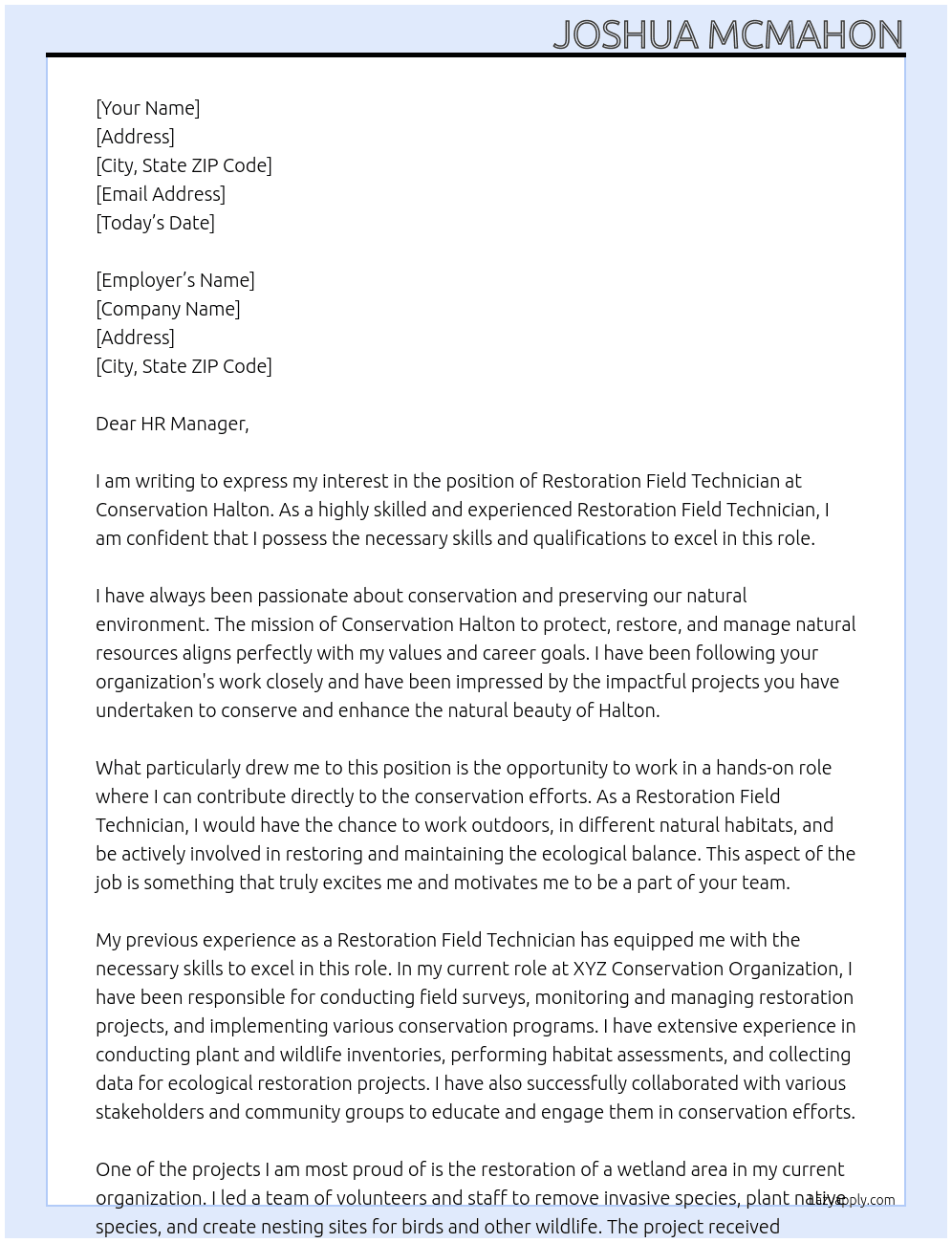 Restoration Field Technician At Conservation Halton Cover Letter