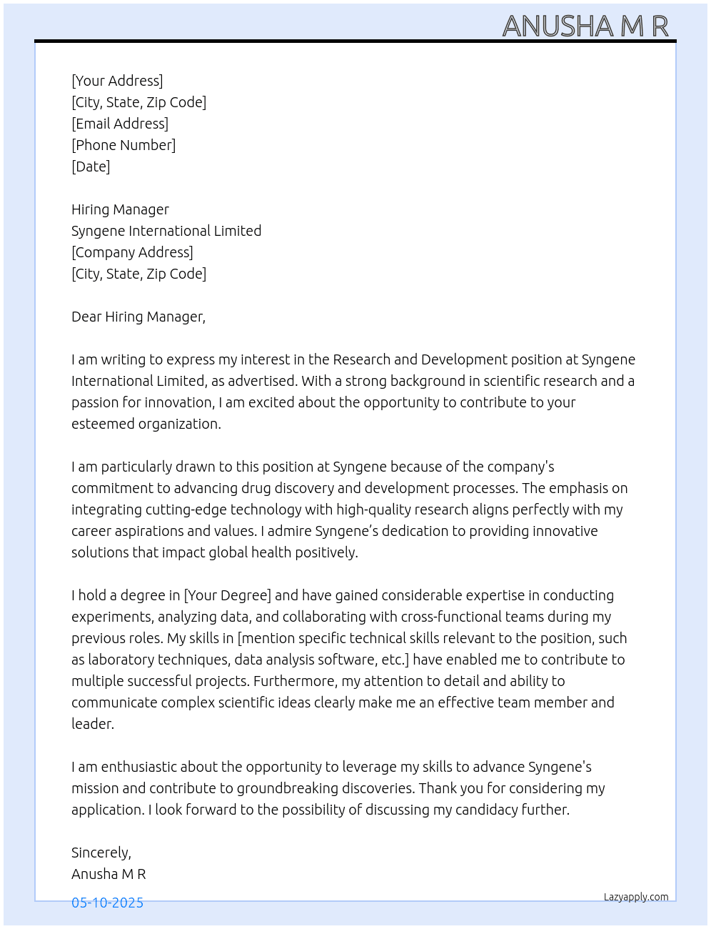 Research and Development  At Syngene International Limited  Cover Letter