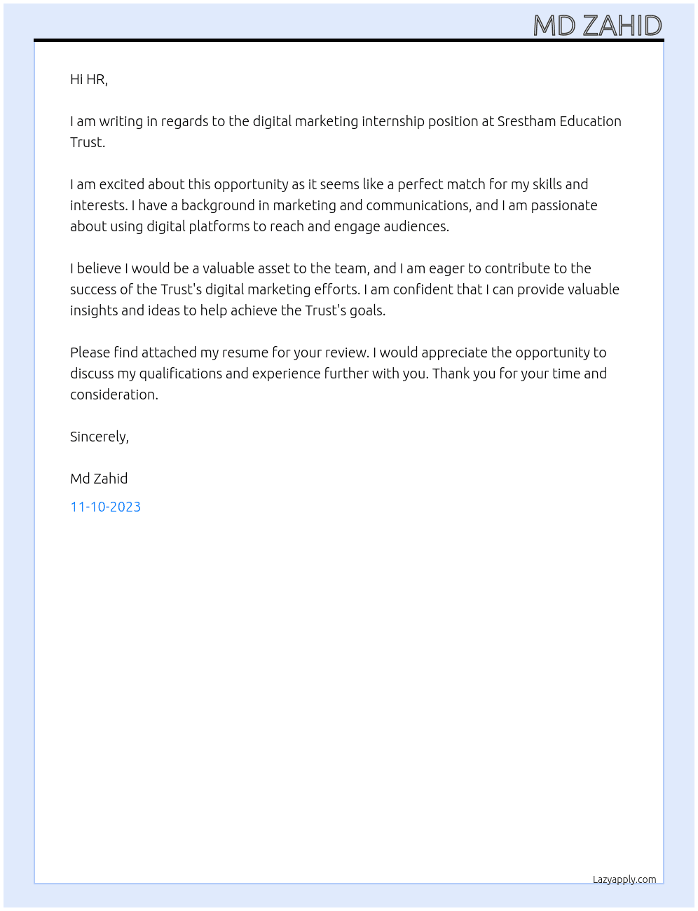 digital marketing  At Srestham Education Trust Cover Letter