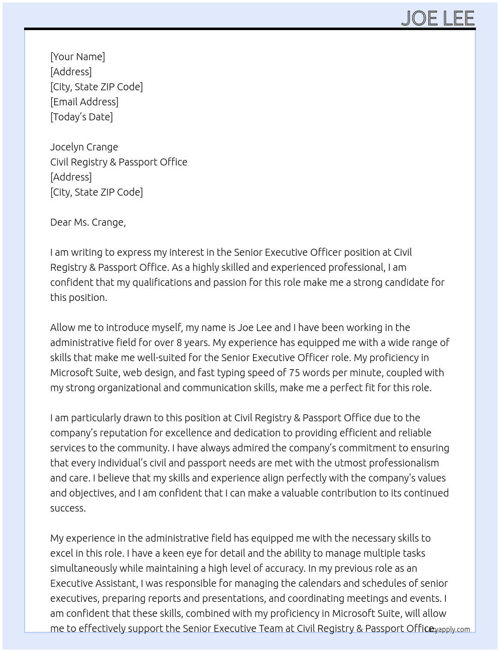 Senior Executive Officer At CIVIL REGISTRY & PASSPORT OFFICE Cover Letter
