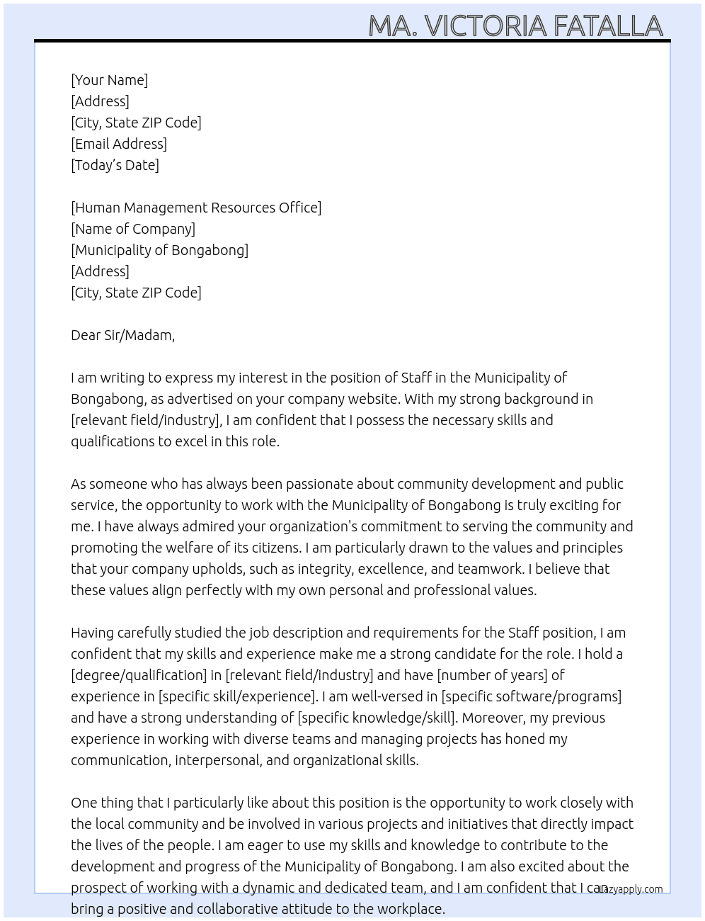 Staff At Municipality of Bongabong  Cover Letter