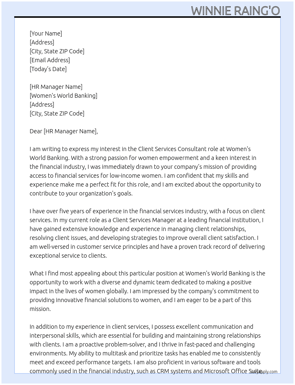 Client Services At Women's World Banking Cover Letter