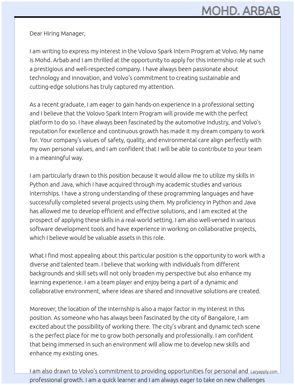 Volovo Spark Intern Program At Volvo Cover Letter