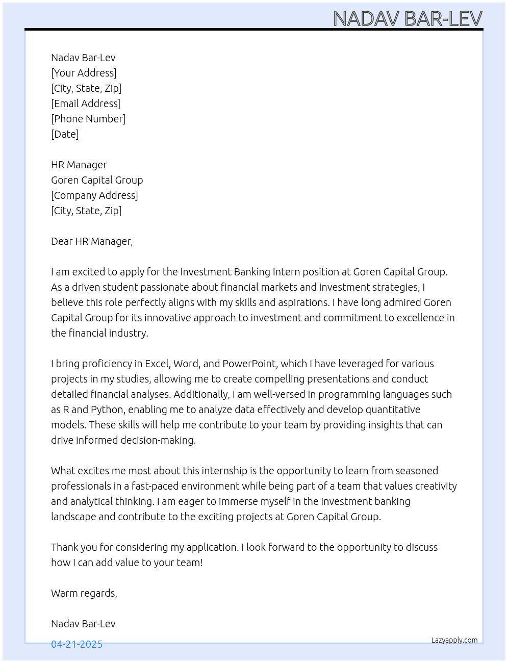 Investment Banking Intern At Goren Capital group Cover Letter