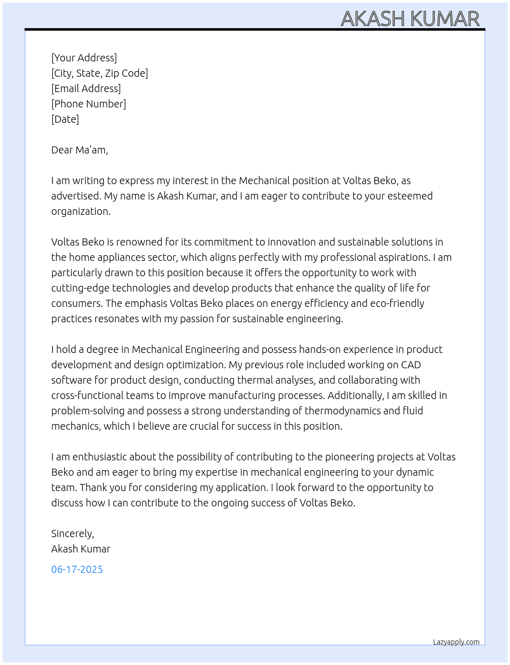 Regarding vacancy for the post of Mechanical  At Voltas. beko  Cover Letter
