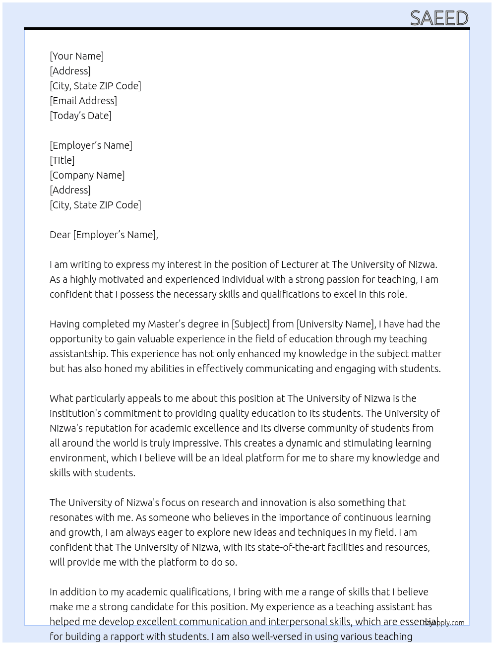 Lecturer  At The University of Nizwa Cover Letter