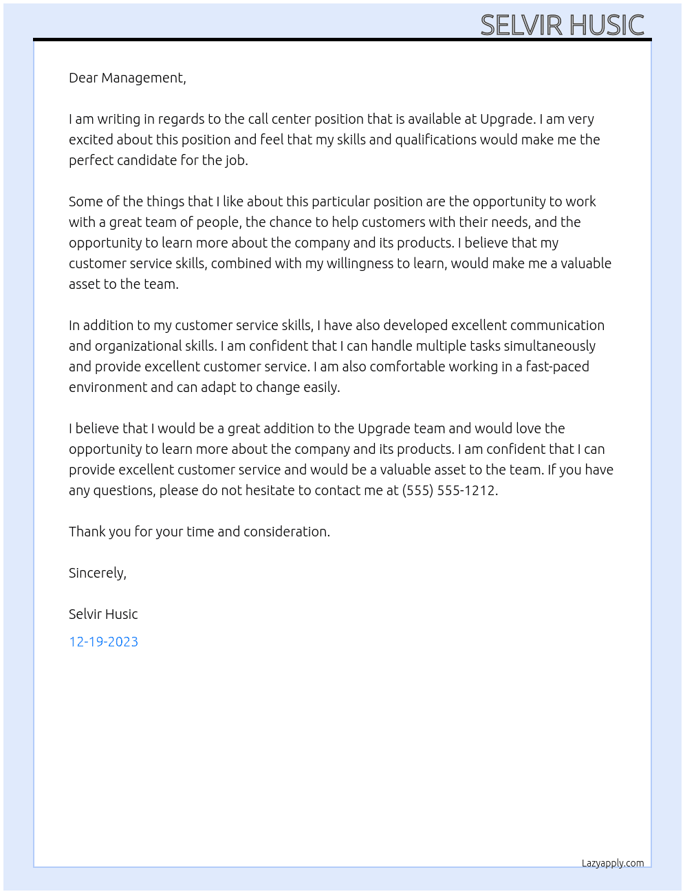 Call center  At Upgrade  Cover Letter