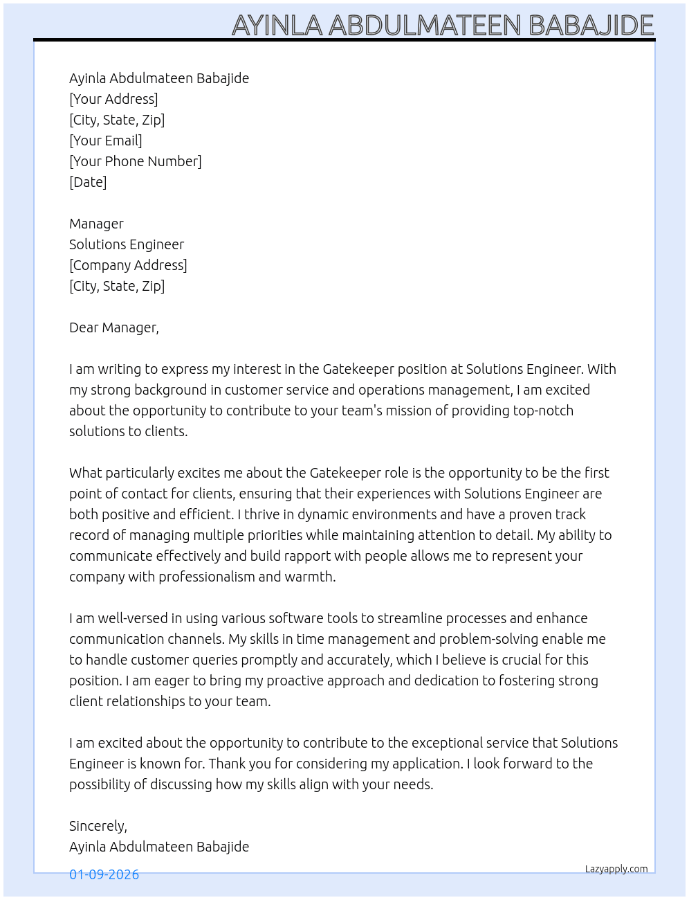 Cover letter for gatekeeper - LazyApply