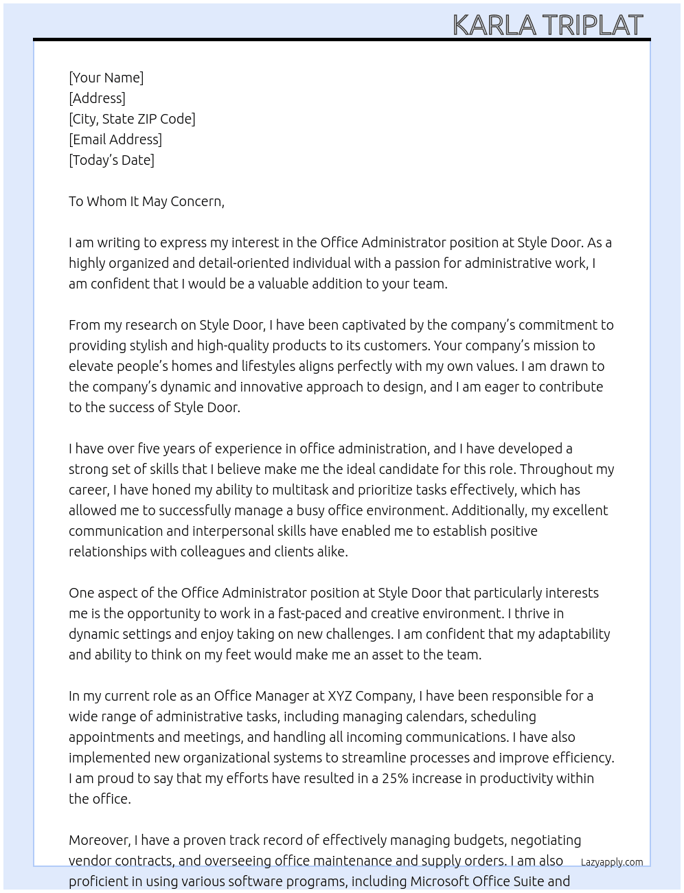 Office Administrator At Style Door Cover Letter