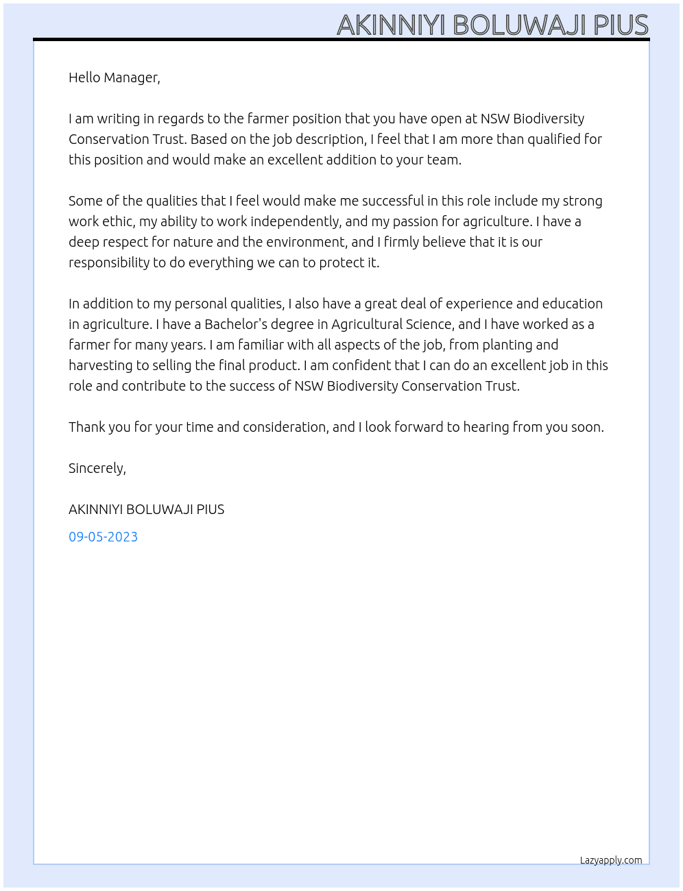 farmer At NSW Biodiversity Conservation Trust Cover Letter