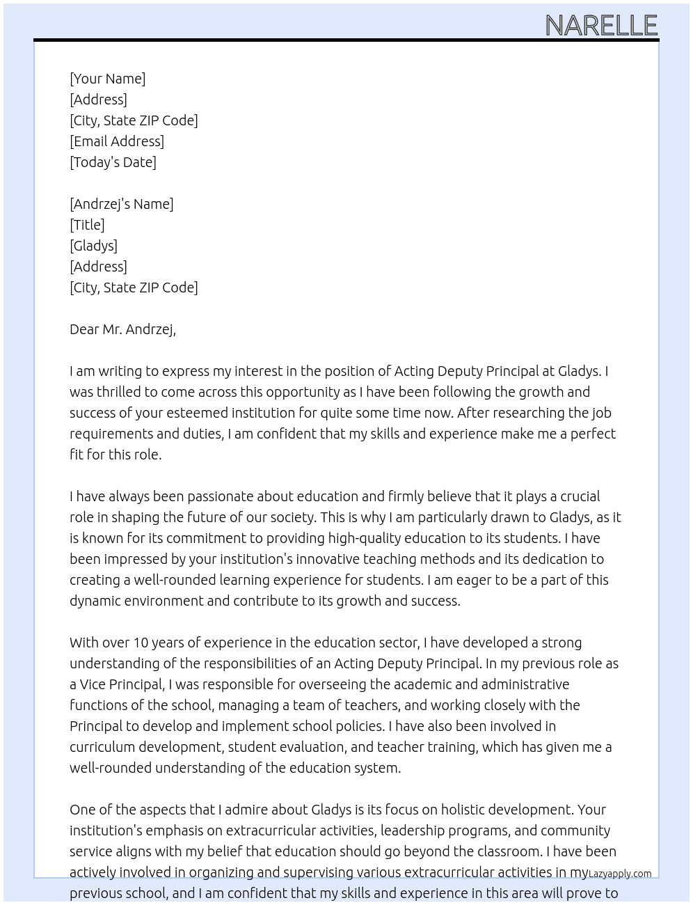 Acting Deputy Principal At Gladys Cover Letter