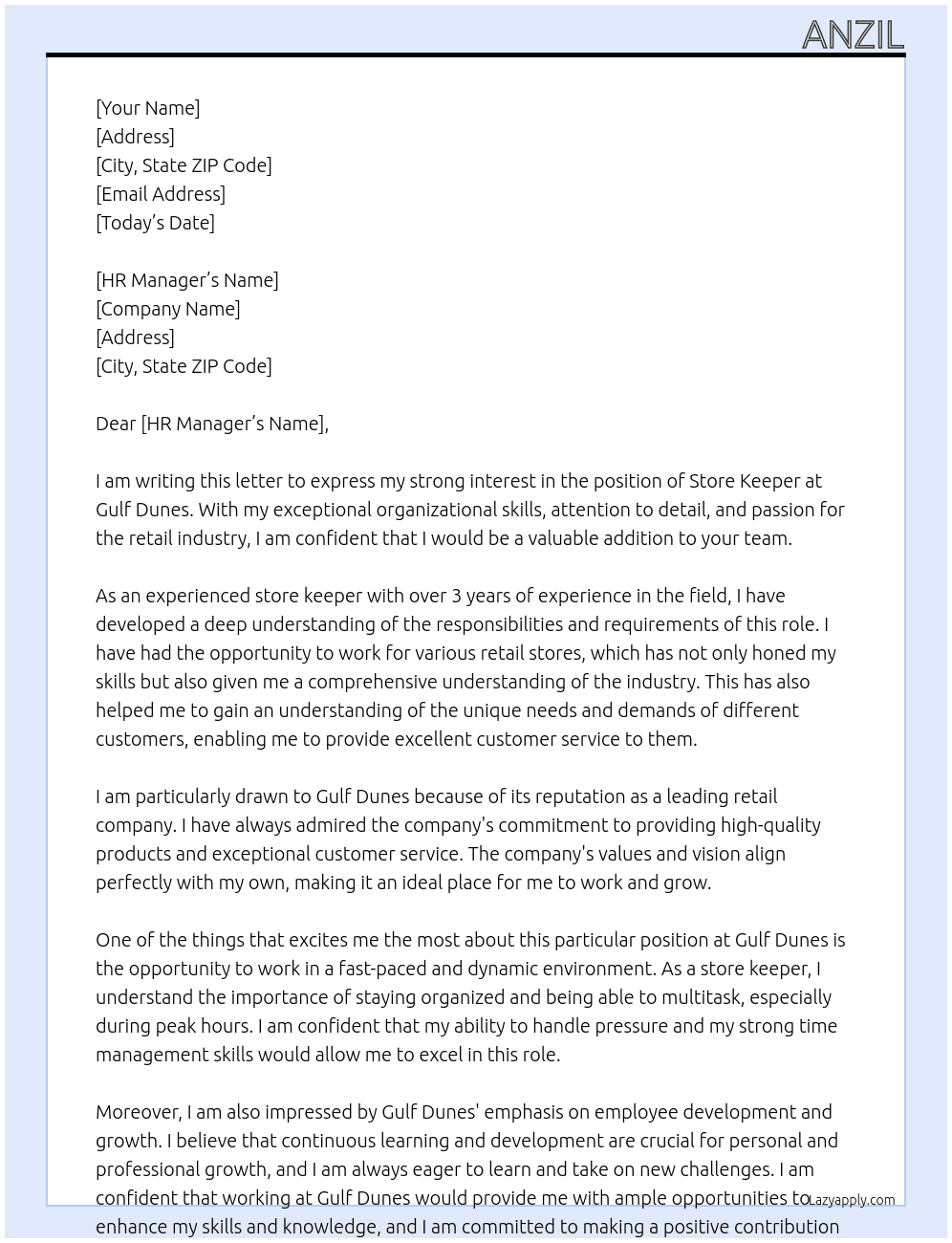 store keeper  At Gulf Dunes Cover Letter
