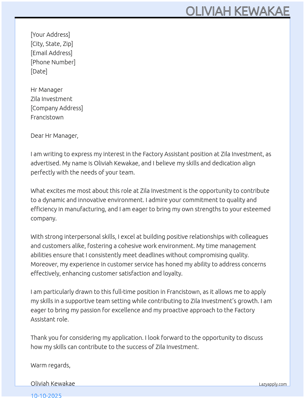 Factory Assistants At Zila Investment Cover Letter
