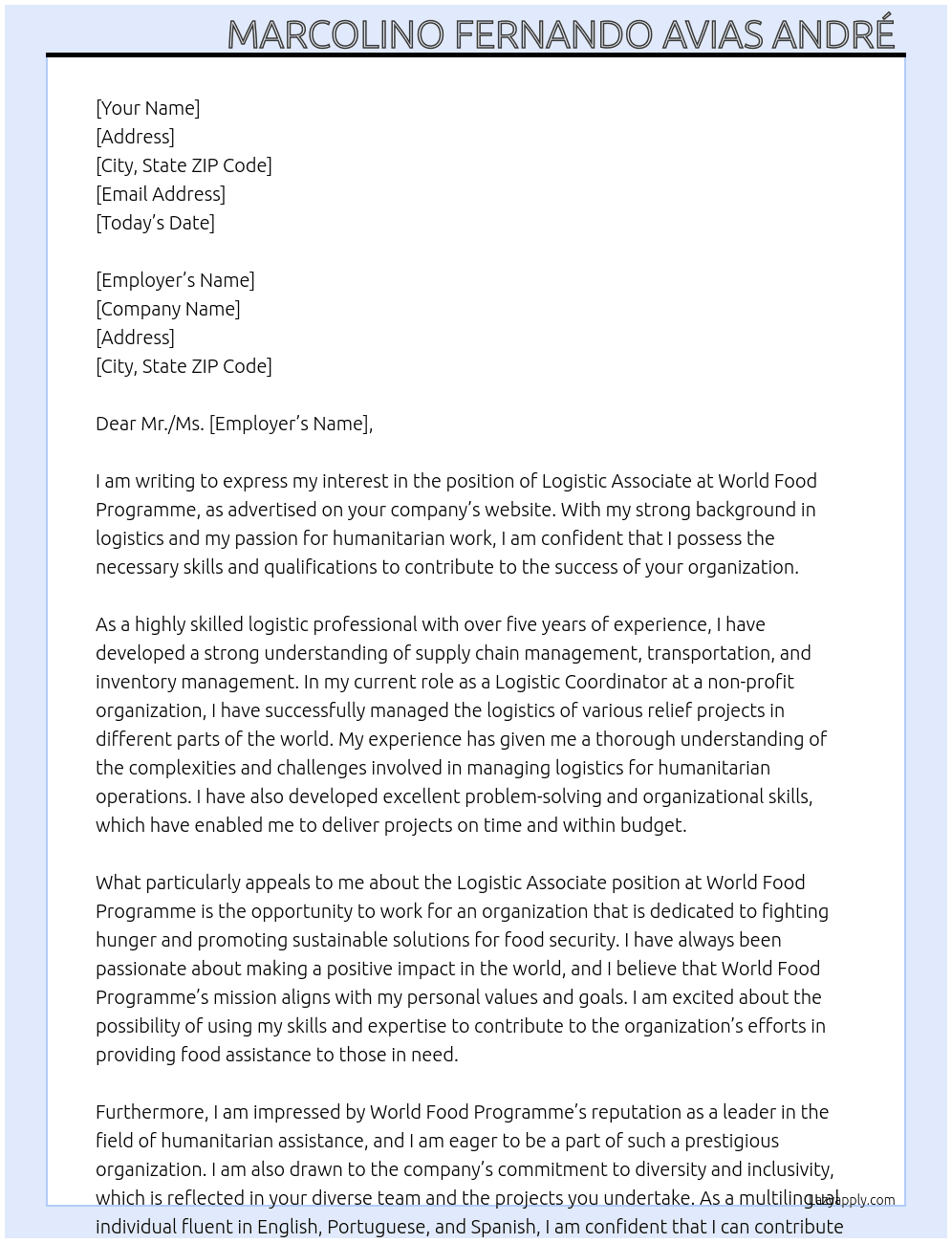 Logistic Associate At World Food Programme Cover Letter