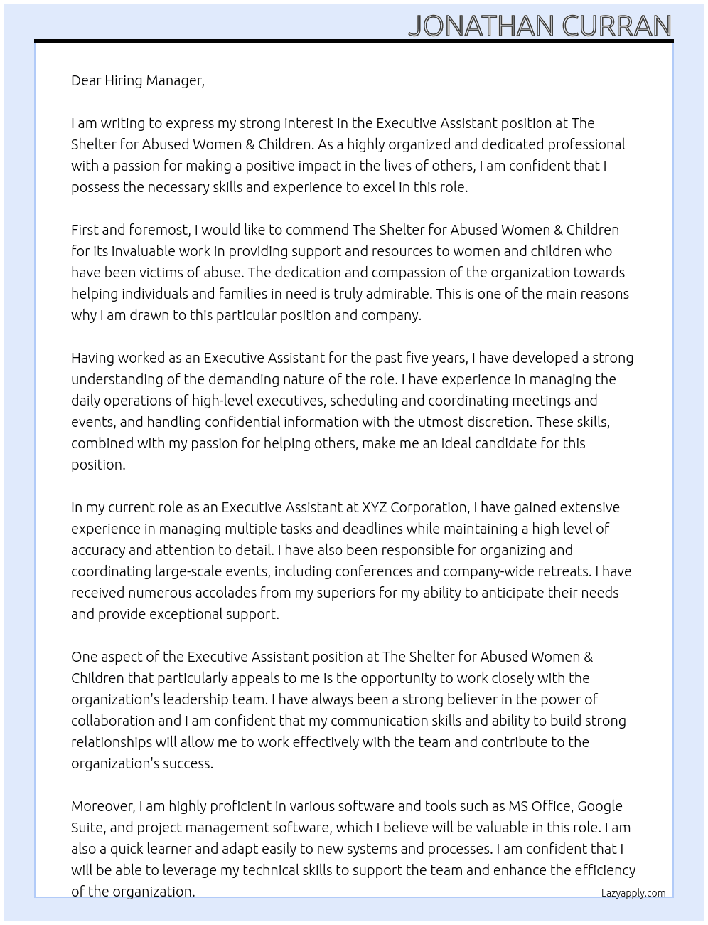 Executive Assistant At The Shelter for Abused Women & Children Cover Letter