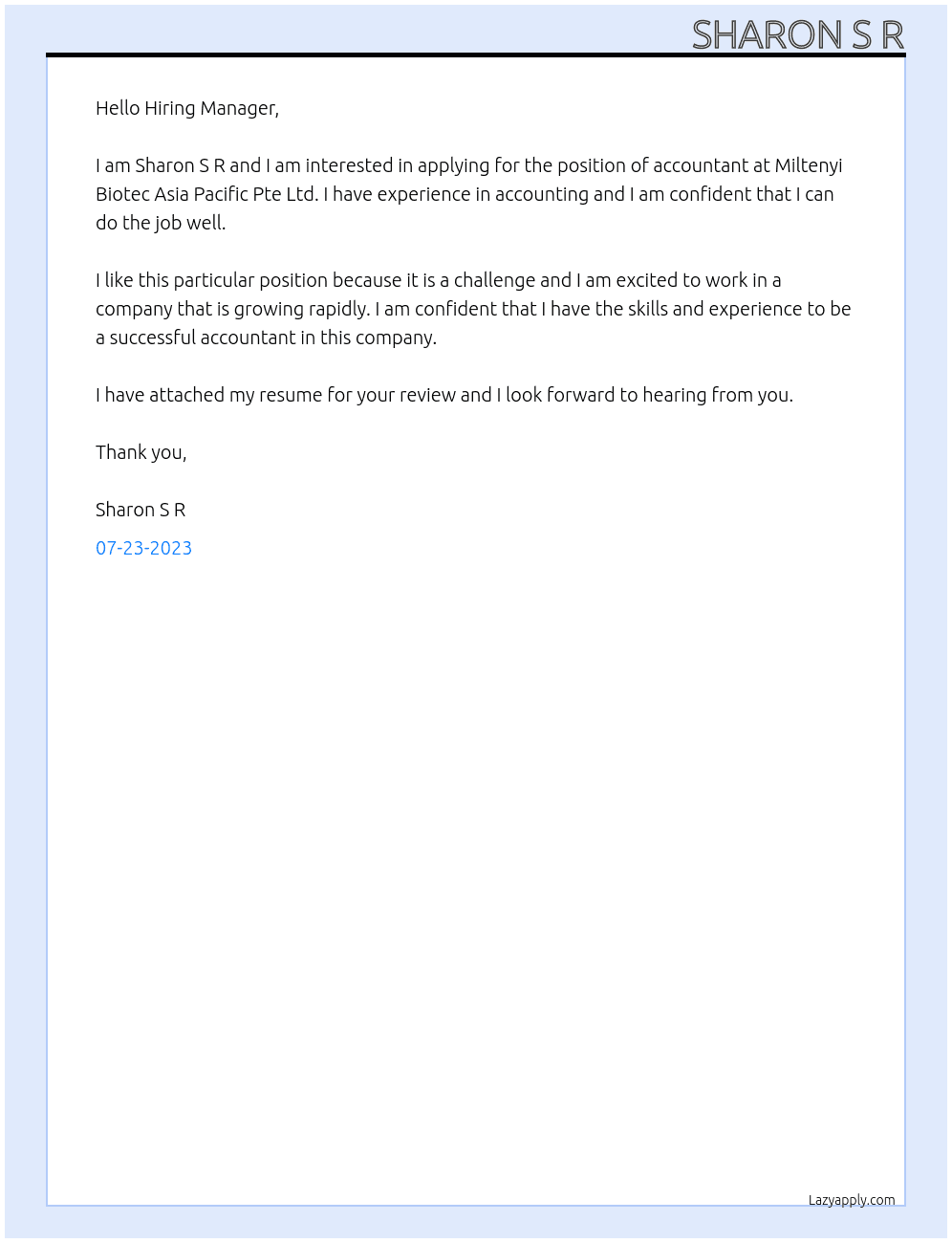Accountant  At Miltenyi Biotec Asia Pacific Pte Ltd Cover Letter