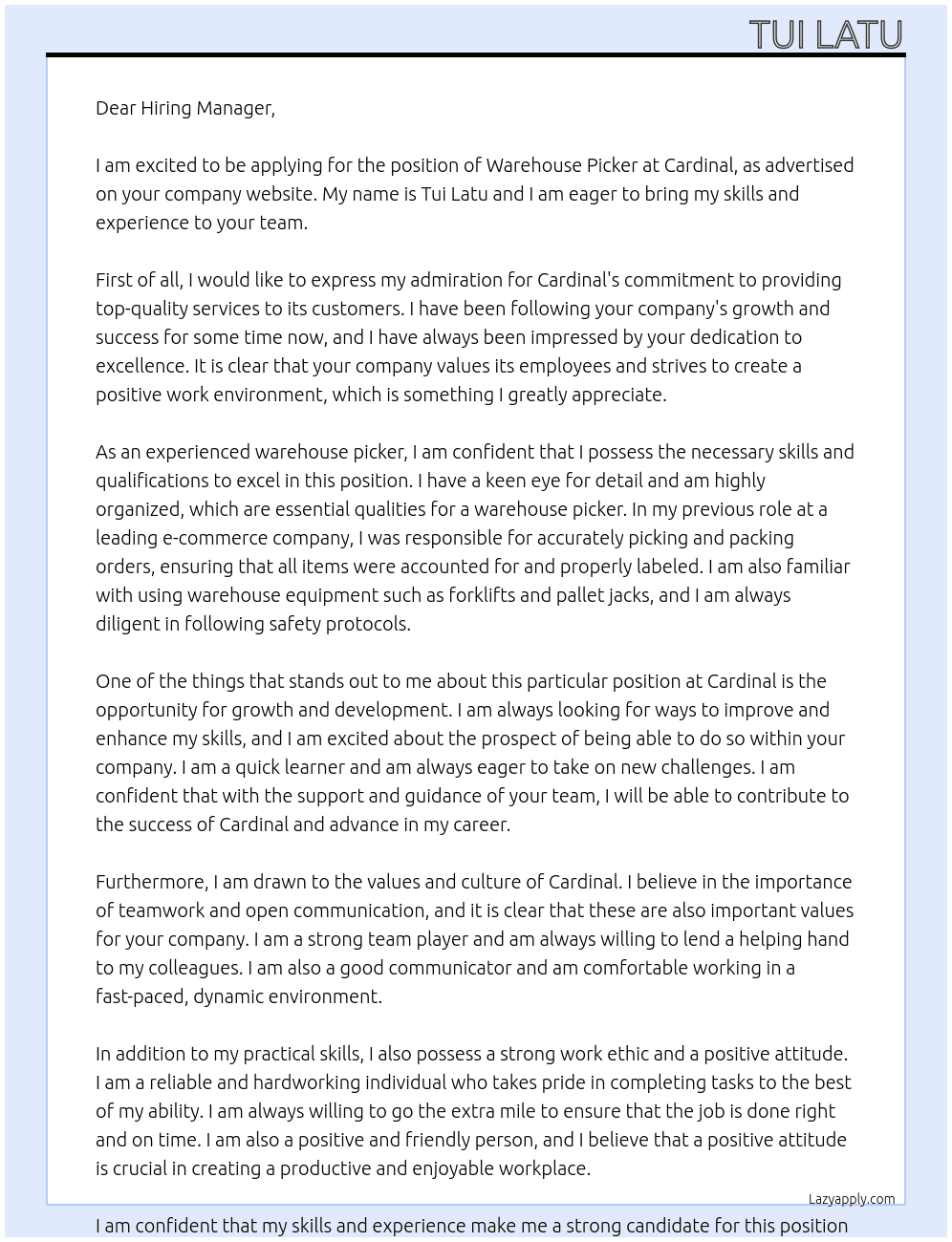 Warehouse picker At Cardinal Cover Letter