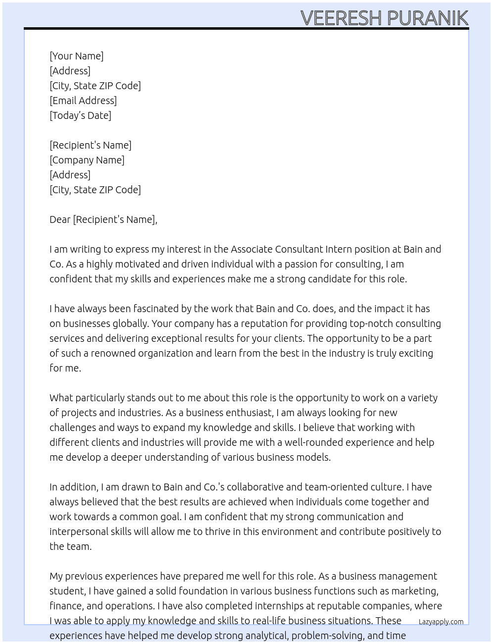 Associate Consultant Intern At bain and co Cover Letter