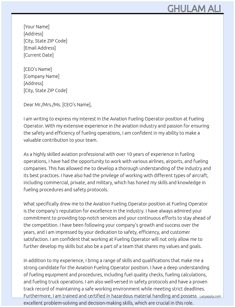 Aviation fulling operator   At Fueling  operator  Cover Letter